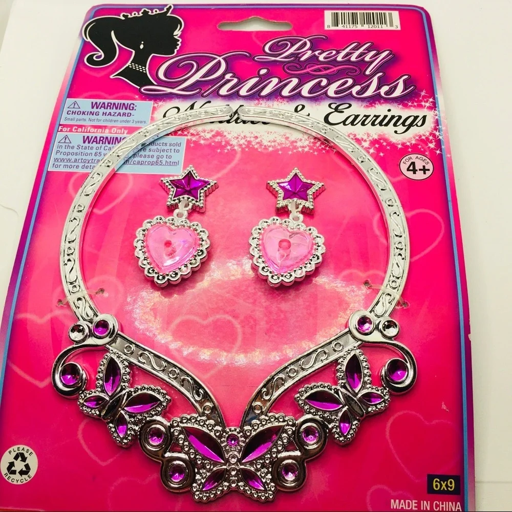 NWT Necklace earrings Pink Makeup and 60 press on nails